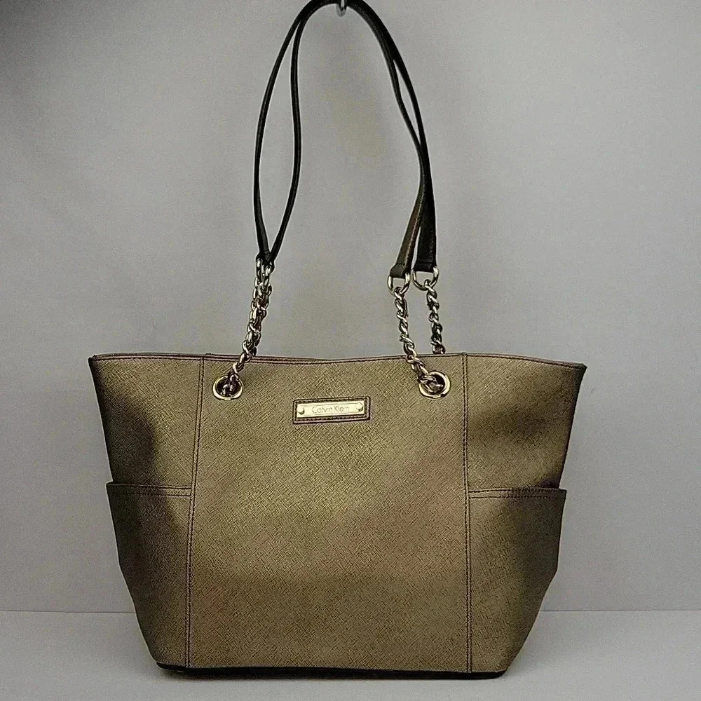 Calvin Klein Saffiano Tote Gold w/ Gold tone Chain Detail